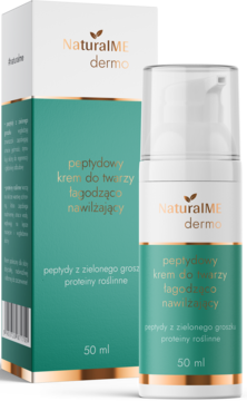 NaturalME dermo peptydowy krem do twarzy w białej butelce z pompką obok zielonego pudełka 50ml, widok z przodu.
