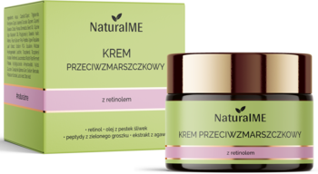 NaturalME Krem przeciwzmarszczkowy z retinolem w ciemnym słoiczku stojącym przed zielonym pudełkiem produktu.