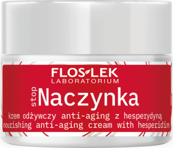 FLOS LEK Stop Naczynka, krem odżywczy anti-aging z hesperydyną, w białym słoiku z czerwoną etykietą.