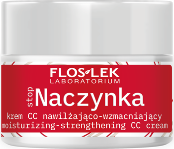 Flos-Lek Stop Naczynka krem CC nawilżająco-wzmacniający, biały słoiczek z czerwoną etykietą, widok z przodu.