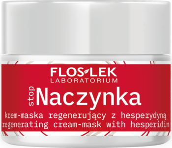 Flos-Lek Stop Naczynka regenerujący krem-maska z hesperydyną, biały słoik z czerwoną etykietą, widok z przodu.