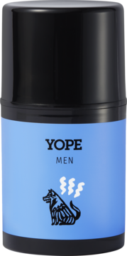 Yope Men krem do twarzy regenerujący w niebieskim cylindrycznym opakowaniu z czarną nakrętką, logo psa, YOPE MEN.