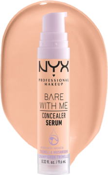 NYX Bare With Me Concealer Serum beżowy, butelka z fioletową pompką, widok z przodu, na tle dużej kropli.