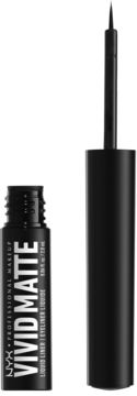 Otwarty, czarny eyeliner NYX Vivid Matte Liquid Liner z widocznym aplikatorem i butelką stojącymi obok siebie.