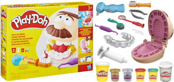 Play-Doh Dr. Drill 'n Fill, żółte opakowanie z dentystą, narzędzia dentystyczne, formy i 6 ciastolin Play-Doh.