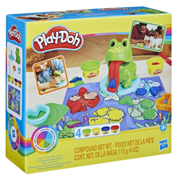 Play-Doh Żaba i Nauka Kolorów, kreatywny zestaw w żółto-zielonym pudełku z zieloną żabą i 4 ciastolinami.