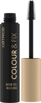 Catrice Colour & Fix Brow Gel Mascara, czarna tubka ze złotym napisem, obok wysunięta silikonowa szczoteczka.