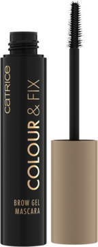 Catrice Colour & Fix Brow Gel Mascara w czarnej tubce ze złotym napisem, widok z przodu z wyjętym aplikatorem.