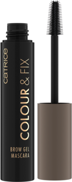 Otwarta czarna maskara Catrice Colour & Fix Brow Gel z silikonową szczoteczką na szarym tle.