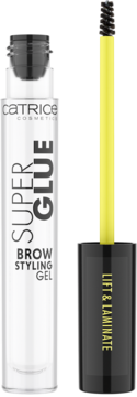 Catrice Super Glue Brow Styling Gel w przezroczystej butelce, żółta szczoteczka, napis Lift & Laminate, widok z przodu.