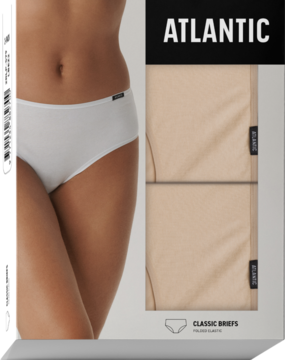 Majtki damskie Atlantic Classic Briefs beżowe 2-pak, zabudowany krój, widoczne w opakowaniu i na modelce.