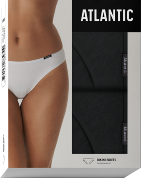 ATLANTIC czarne majtki bikini 2-pack z niską talią. Widok opakowania z grafiką modelki.