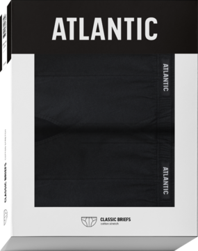 Opakowanie z dwoma czarnymi klasycznymi slipami męskimi Atlantic z miękkiej bawełny, widok z przodu.