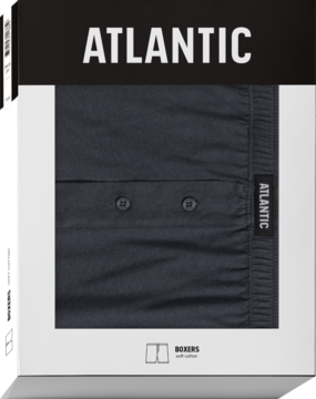 Ciemnoszare luźne bokserki męskie Atlantic, złożone w białym opakowaniu, widoczny guzik i logo na gumce.