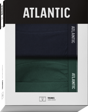 Dwupak bokserek męskich Atlantic: granatowe i szmaragdowe, w białym pudełku. Widoczne logo na gumce.
