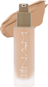 Beżowy podkład MAMM Perfect Lift Foundation w butelce z pompką, widok z przodu, obok duży swatch koloru.