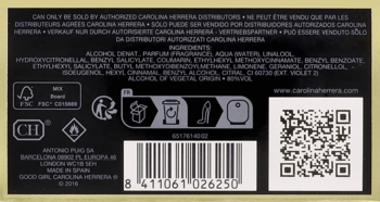 Tył czarnej etykiety perfum Carolina Herrera Good Girl ze złotym tekstem o składnikach i kodem QR.