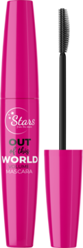 Fuksjowa mascara Stars Out of This World, obok wyjęta czarna, asymetryczna szczoteczka.