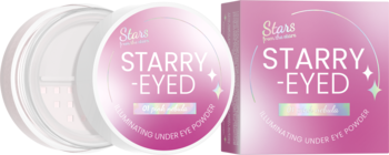 Różowy puder rozświetlający pod oczy Stars STARRY-EYED w okrągłej puderniczce i prostokątnym opakowaniu.