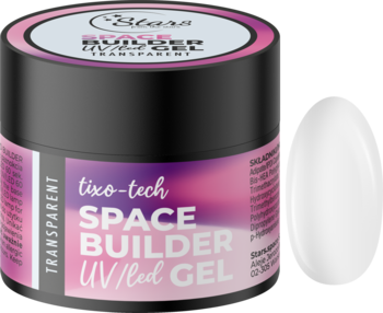 Transparentny żel UV/LED Stars SPACE BUILDER GEL 3w1, czarny słoiczek, obok przezroczysty tips.
