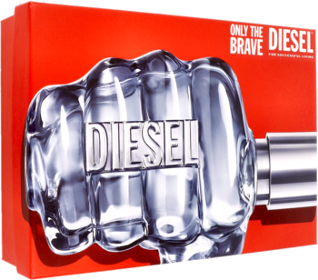 Diesel Only The Brave, woda toaletowa we flakonie pięści, z napisem DIESEL na kłykciach, na tle czerwonego opakowania.