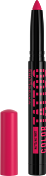 Maybelline Color Tattoo Eye Stix, matowa kredka do powiek w kolorze fuksji, czarne opakowanie, zdjęta skuwka.
