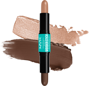 NYX Wonderstick Dual, dwustronny sztyft do konturowania i rozświetlania, z brązowo-beżowymi swatchami.
