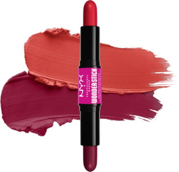 NYX Wonder Stick: dwustronny kremowy róż do twarzy, odcień koralowy i jagodowy, pionowo na tle smug.