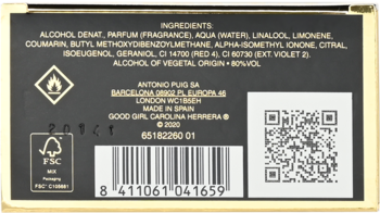 Tył czarnego opakowania perfum Carolina Herrera Good Girl, widoczne składniki, kod kreskowy i QR.