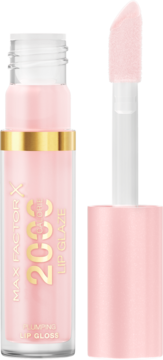 Max Factor 2000 Calorie Lip Glaze, jasnoróżowy błyszczyk powiększający, otwarty, z aplikatorem obok butelki.