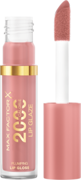 Max Factor 2000 Calorie Lip Glaze w odcieniu Floral Cream, otwarty, różowy błyszczyk z aplikatorem obok butelki ze złotym paskiem.