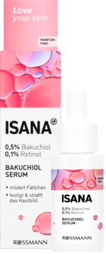 ISANA Bakuchiol Serum z 0,5% Bakuchiol, 0,1% Retinol, bezzapachowe. Biały kartonik i butelka na różowym tle.
