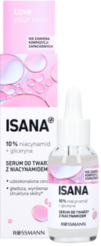 ISANA Love Your Skin serum z 10% niacynamidem i gliceryną, białe pudełko i butelka z pipetą obok siebie.