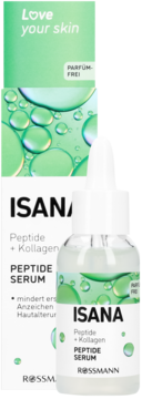 Biała butelka serum ISANA Peptide+Kollagen bez substancji zapachowych, na tle zielonego opakowania z bąbelkami.