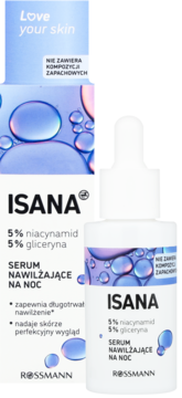 Isana serum nawilżające na noc z niacynamidem i gliceryną, w białej butelce z pipetą, widok pod kątem.