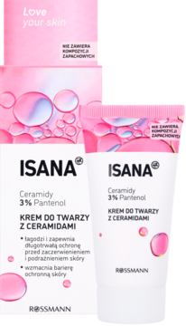 Krem do twarzy ISANA Ceramidy 3% Pantenol Rossmann, w białej tubce i pudełku, na tle z różowymi bańkami.