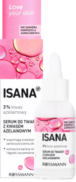 Serum Isana 3% kwas azelainowy w białej butelce z pipetą i pudełku, widok z przodu na tle z różowymi bąbelkami.