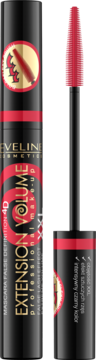 Czarny tusz Eveline Cosmetics Extension Volume XXL z pogrubiającą, czerwoną szczoteczką, widok pionowy, otwarty.