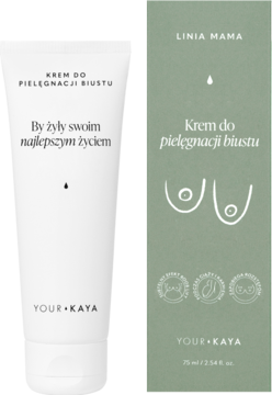 Krem do biustu Your Kaya Linia Mama w białej tubce i zielonym pudełku z napisami, widok z przodu.