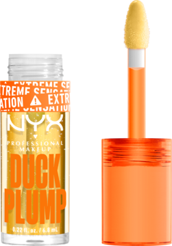 NYX Duck Plump błyszczyk, złoty odcień Clearly Spicy w przezroczystej tubce z pomarańczową etykietą, widok z przodu z aplikatorem.