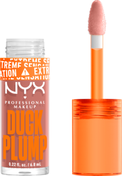 Błyszczyk powiększający NYX Duck Plump w odcieniu nude, otwarta butelka z pomarańczowym aplikatorem.