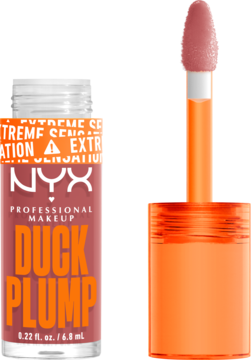 Otwarty błyszczyk powiększający NYX Duck Plump Nude Swings, tubka nude z wyciągniętym aplikatorem.