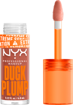 NYX Duck Plump błyszczyk powiększający usta, odcień Apri-Caught, otwarty, z aplikatorem, widok z przodu.
