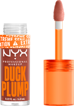 Otwarty błyszczyk powiększający NYX Duck Plump w pomarańczowej butelce z aplikatorem, odcień nude.