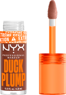Błyszczyk powiększający NYX Duck Plump brązowy, tuba z pomarańczowym napisem i wyjętym aplikatorem.