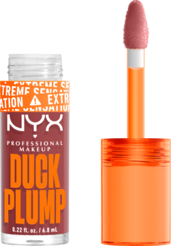 NYX Duck Plump błyszczyk w ciemnoróżowej butelce z pomarańczowym napisem, obok wyciągnięty aplikator z jasnoróżowym płynem.