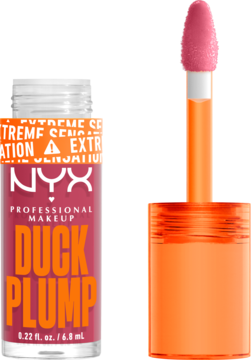 Błyszczyk NYX Duck Plump w odcieniu brudnego różu, w otwartej butelce z aplikatorem obok. Widoczne logo i pojemność.