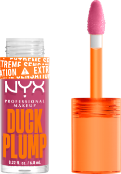 Otwarty błyszczyk NYX Duck Plump w odcieniu Pick Me Pink, z różowym aplikatorem, butelka widoczna z przodu.