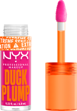 NYX Duck Plump błyszczyk powiększający, intensywny róż. Otwarta różowa tuba z aplikatorem obok.