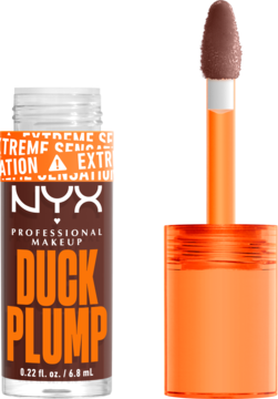 Otwarty błyszczyk NYX Duck Plump Twice The Spice, ciemny brąz, z widocznym aplikatorem i pomarańczowym opakowaniem.